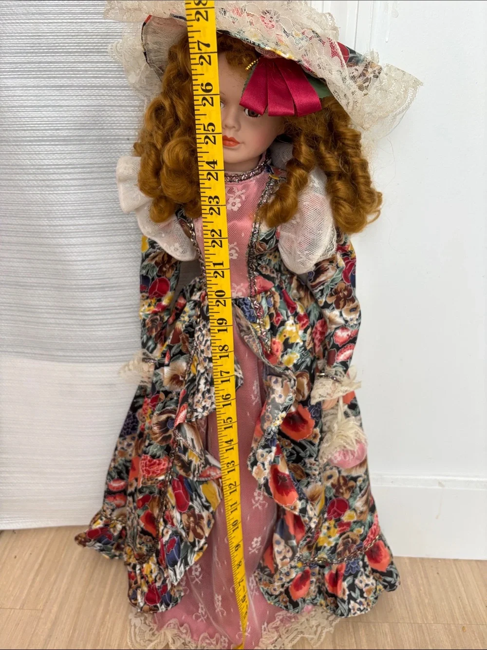Unique Vintage Porcelain Doll in Pink Floral Gown with Lace Hat